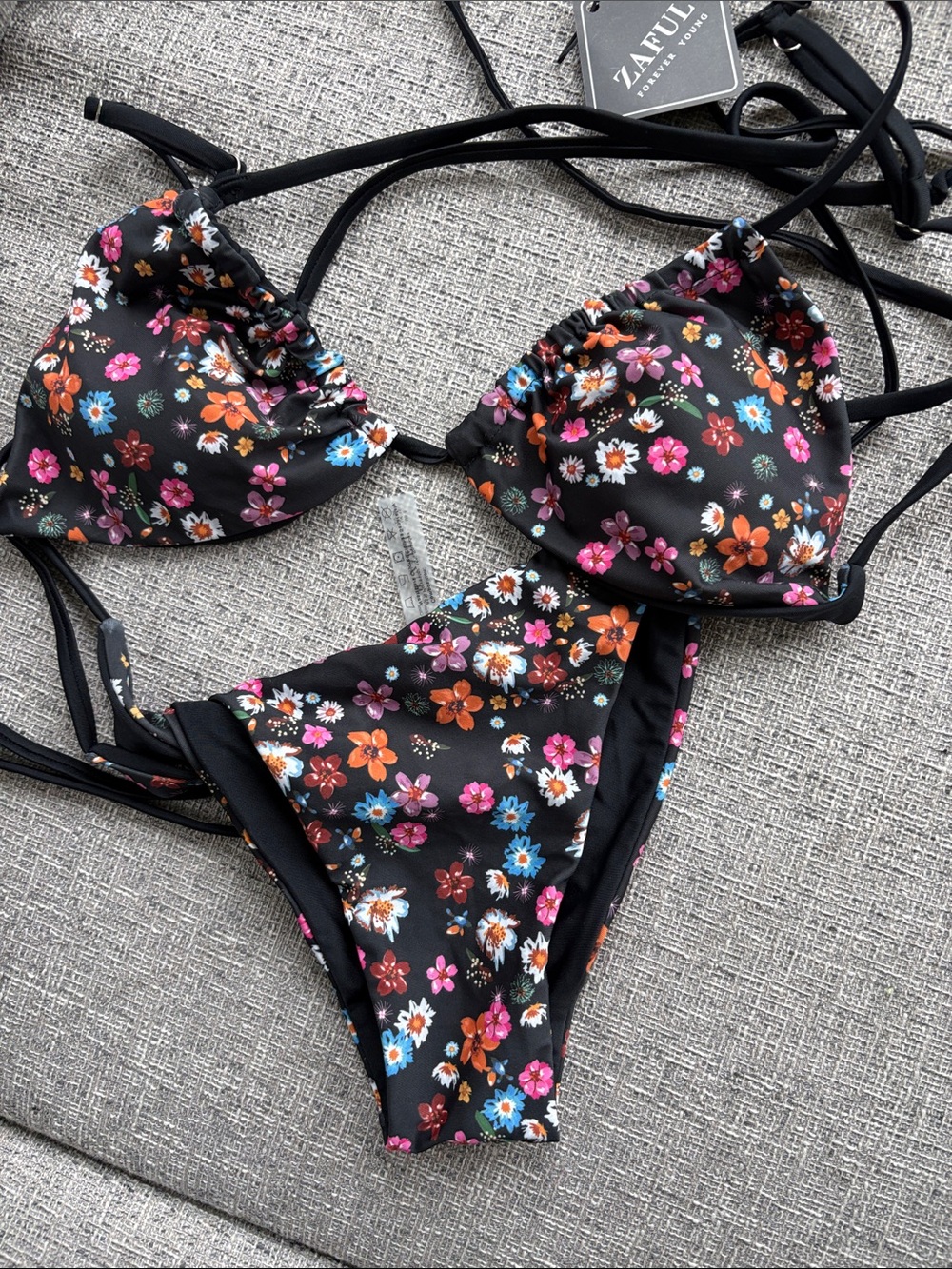 Zaful Black Floral Triangle Bikini in Pink Orange Blue & White